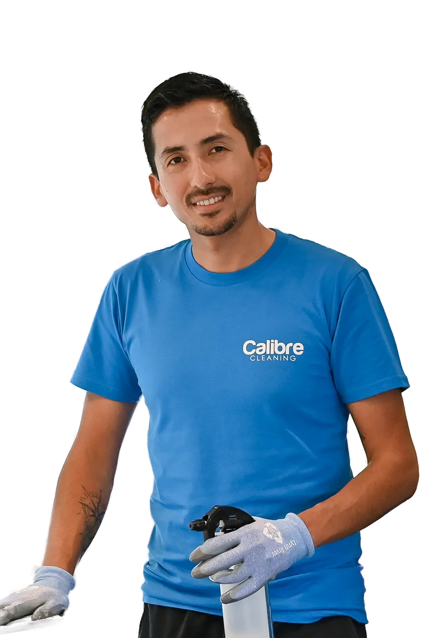 Professional cleaner with cleaning supplies